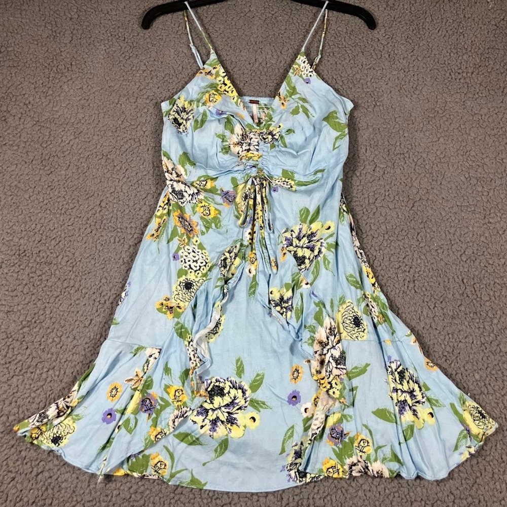 Free People Blue Floral Ruched Mini Dress Smocked Back XS